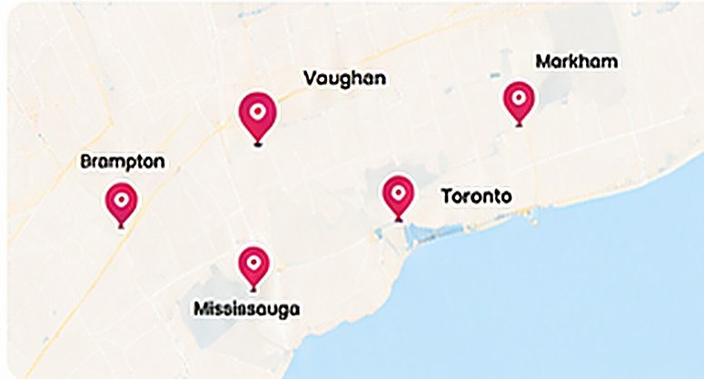 Map of Kababistan locations across the Greater Toronto Area