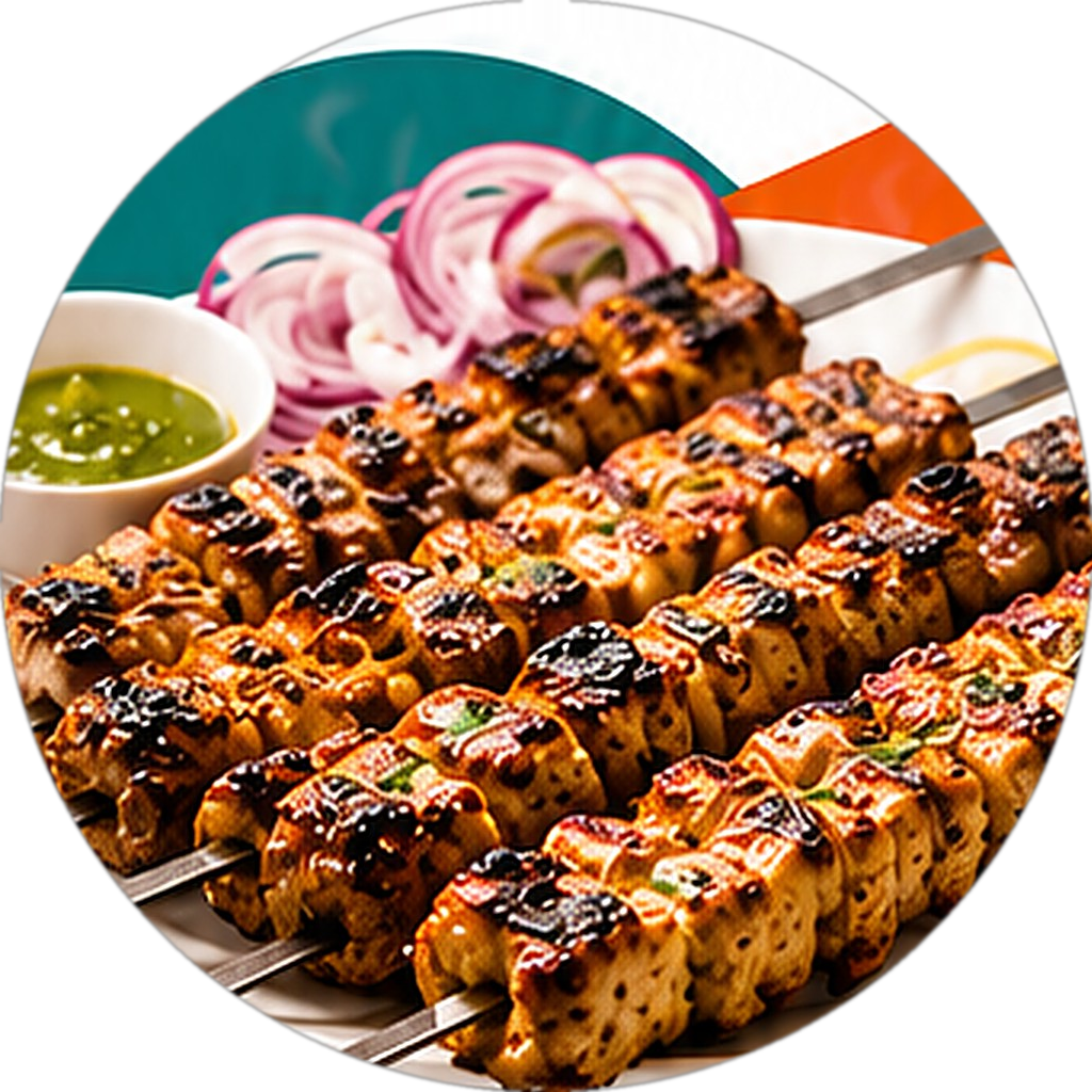 Kababistan Pakistani BBQ platter with grilled kababs, fresh onions and green chutney